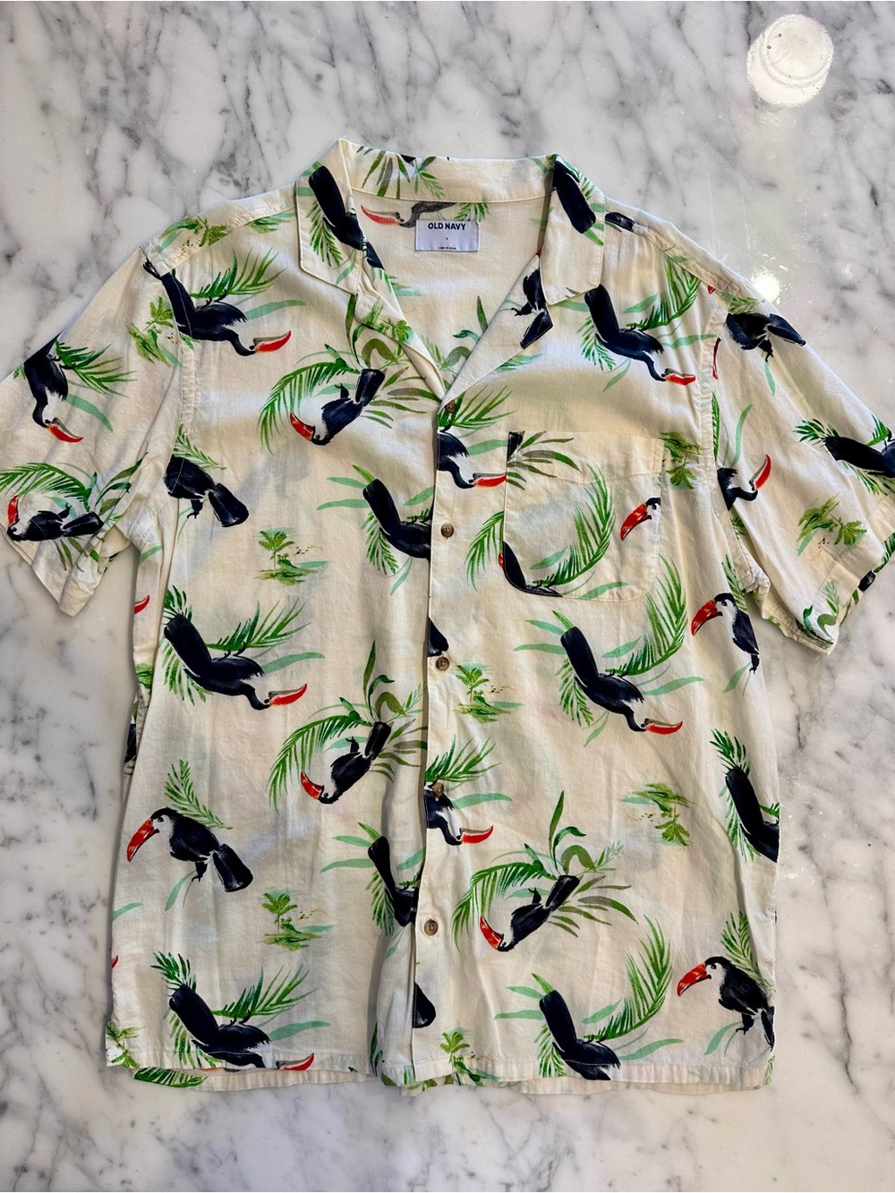 Old Navy Men’s White Tropical Toucan Short Sleeve Camp Collar Shirt - Size Large